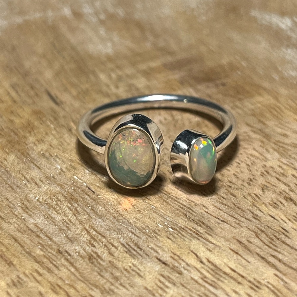 NWOT Two Stone Ethiopian Opal 925 Sterling Silver Adjustable Ring - Picture 7 of 13